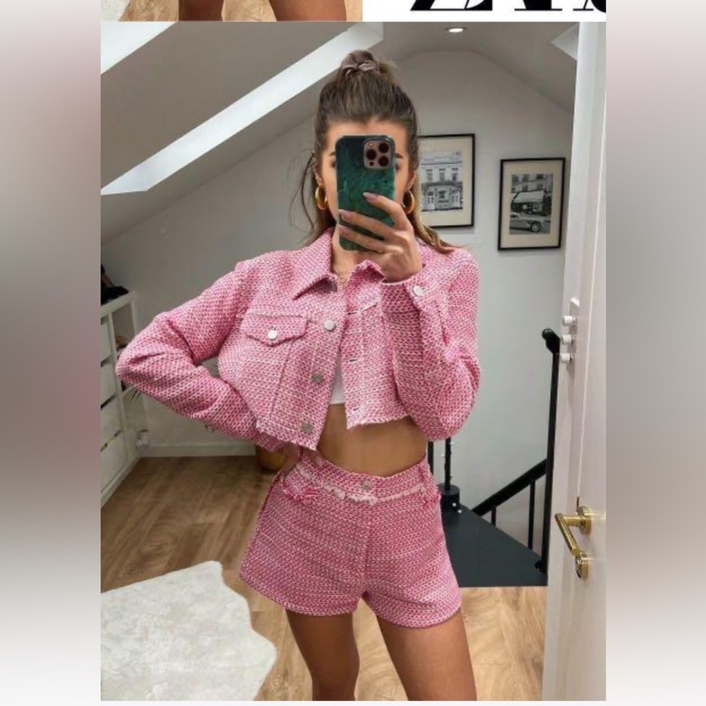 NWT zara pink tweed short w/ fringe - size S